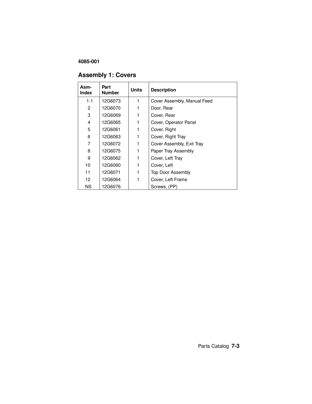 Lexmark Printer, J110 manual Assembly 1 Covers, Asm Part Units Description Index Number 