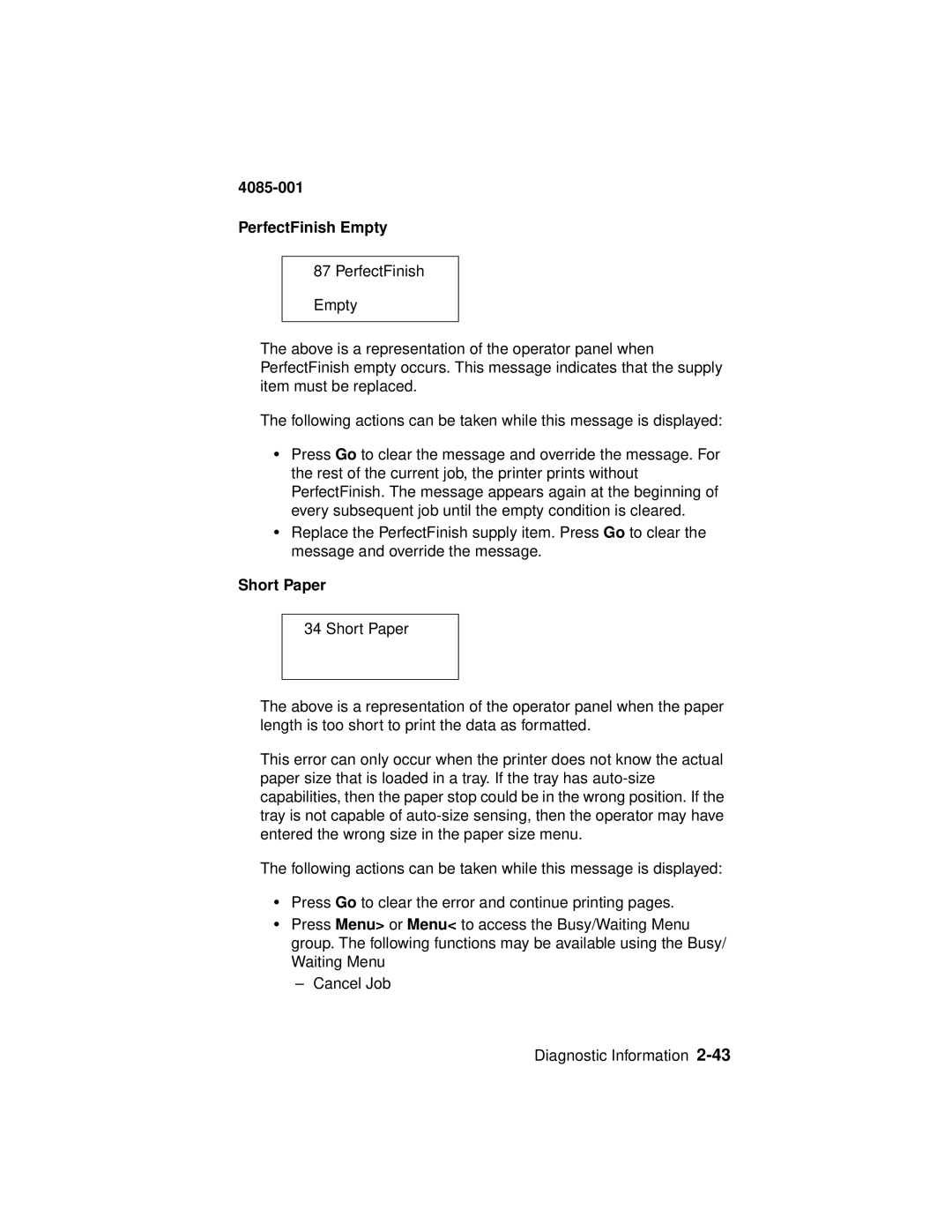 Lexmark Printer, J110 manual PerfectFinish Empty, Short Paper 