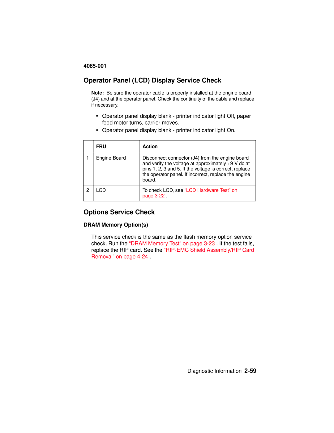 Lexmark Printer, J110 manual Operator Panel LCD Display Service Check, Options Service Check, Dram Memory Options 