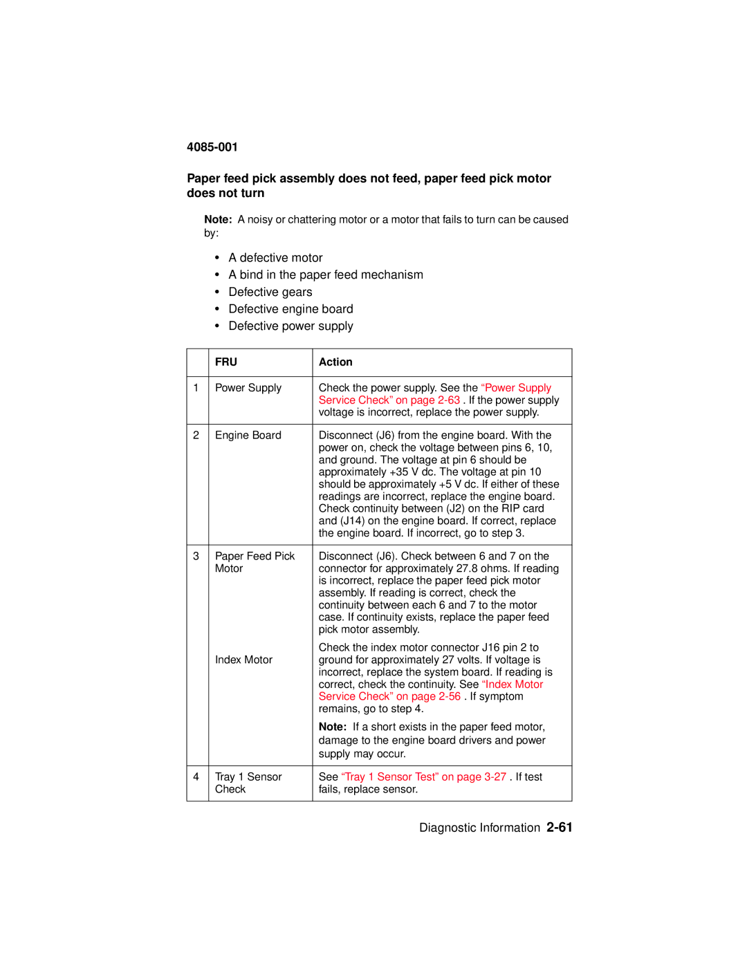 Lexmark Printer, J110 manual Service Check on page 2-63 . If the power supply, Service Check on page 2-56 . If symptom 