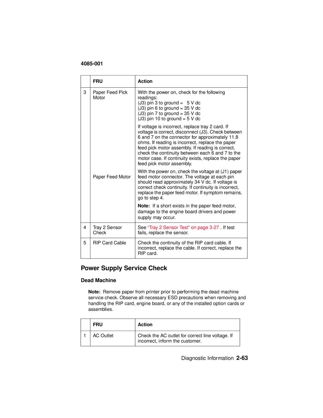 Lexmark Printer, J110 manual Power Supply Service Check, Dead Machine, See Tray 2 Sensor Test on page 3-27 . If test 