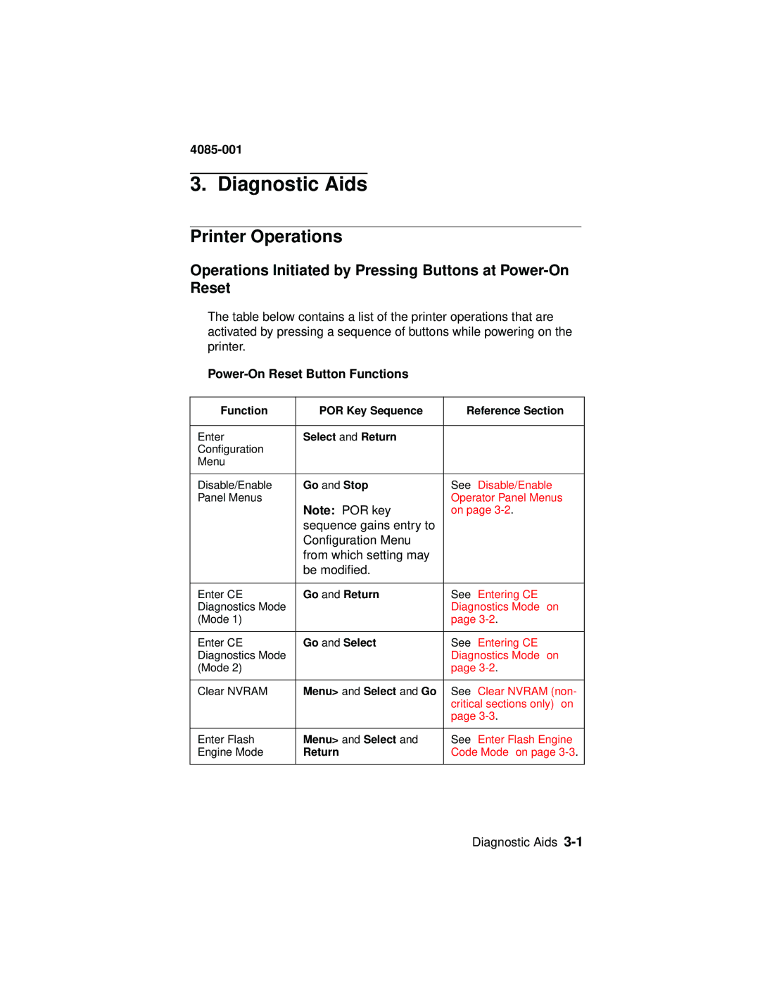 Lexmark Printer Operations, Operations Initiated by Pressing Buttons at Power-On Reset, Power-On Reset Button Functions 