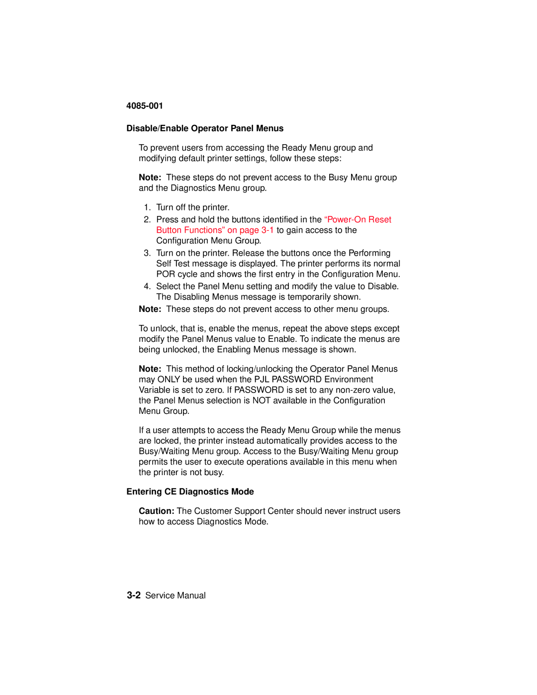 Lexmark J110, Printer manual Disable/Enable Operator Panel Menus, Entering CE Diagnostics Mode 