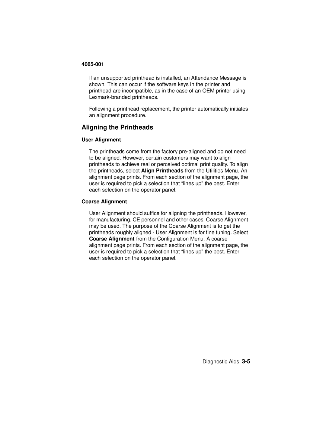 Lexmark Printer, J110 manual Aligning the Printheads, User Alignment, Coarse Alignment 