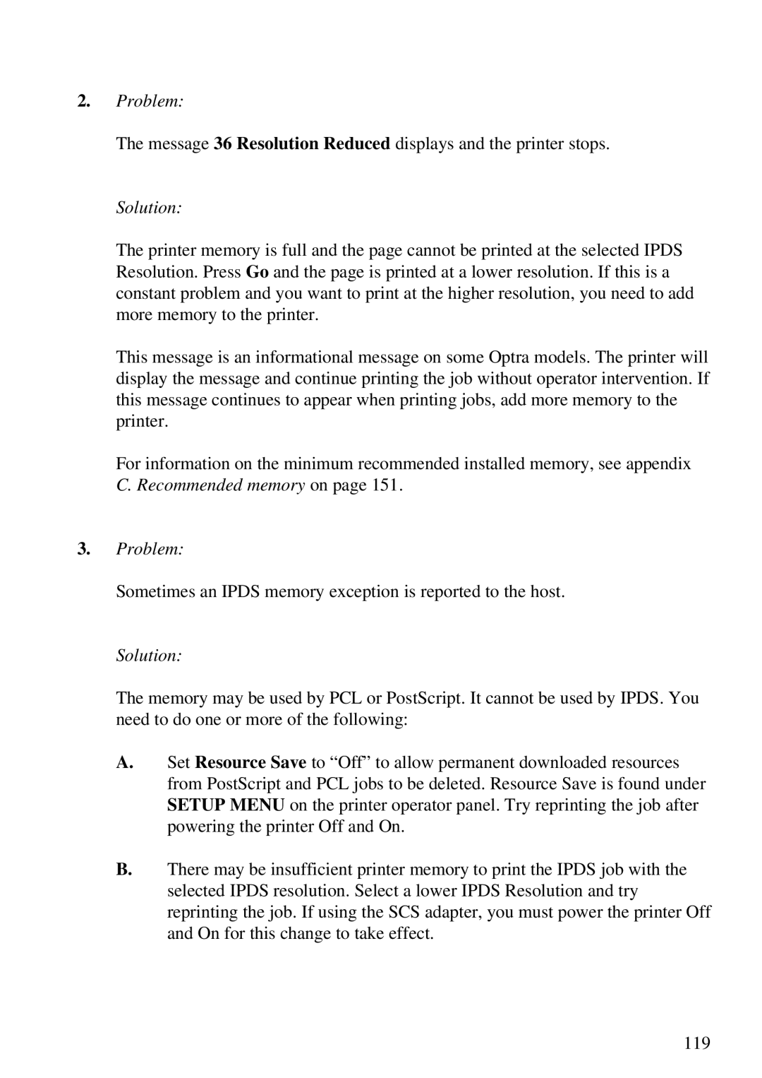 Lexmark Se 3455, K 1220 manual Recommended memory on Problem 