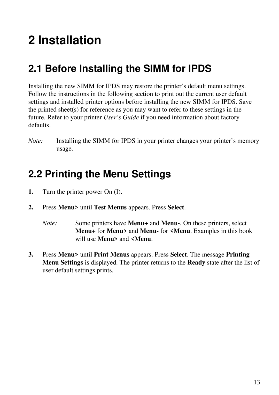 Lexmark Se 3455, K 1220 manual Before Installing the Simm for Ipds, Printing the Menu Settings 