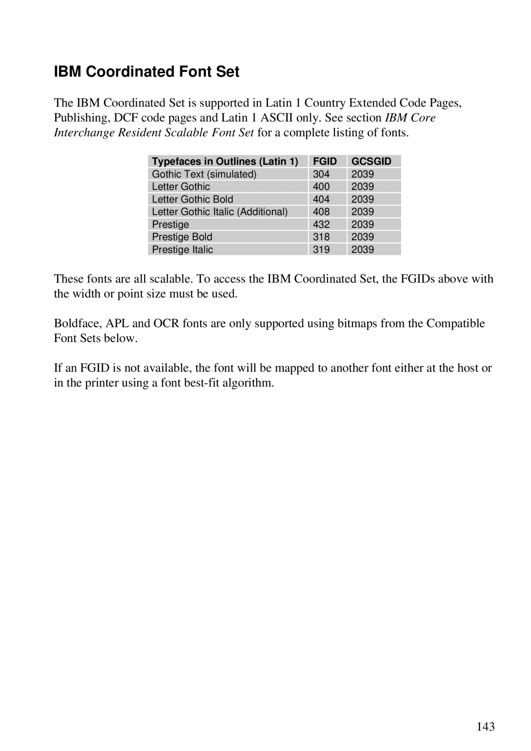 Lexmark Se 3455, K 1220 manual IBM Coordinated Font Set, Fgid Gcsgid 