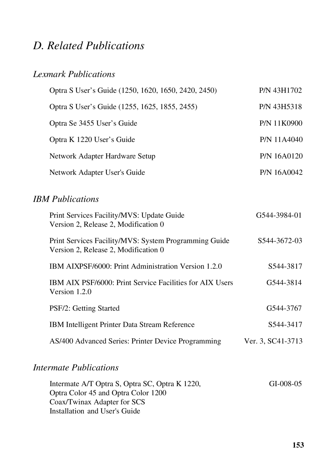 Lexmark Se 3455, K 1220 manual Related Publications, Lexmark Publications, IBM Publications, Intermate Publications 
