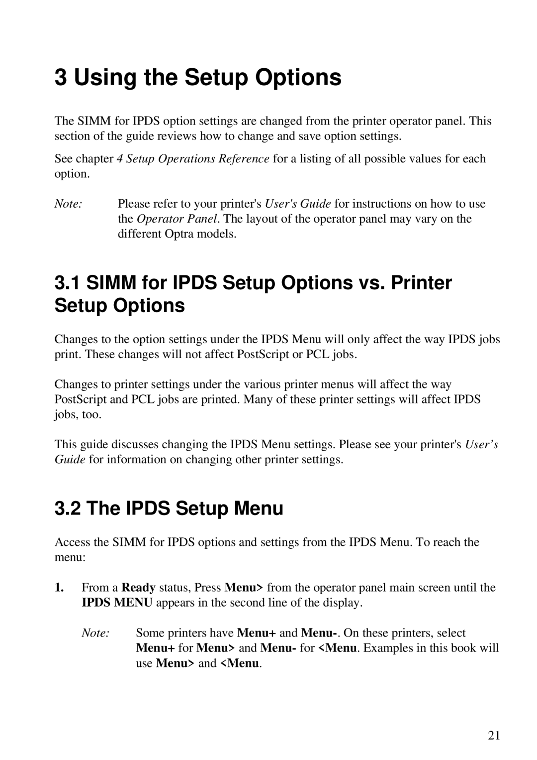 Lexmark Se 3455, K 1220 manual Simm for Ipds Setup Options vs. Printer Setup Options, Ipds Setup Menu 