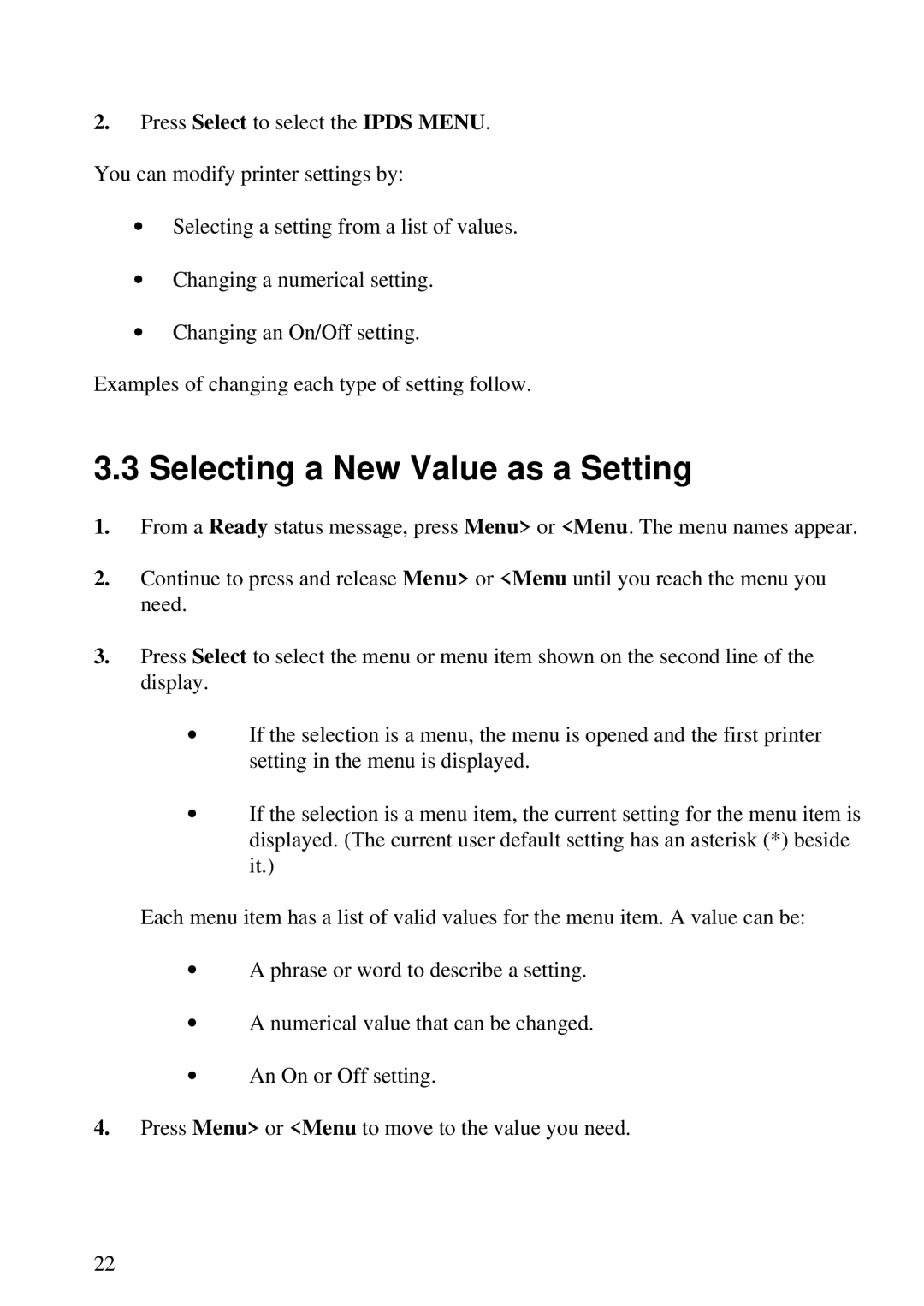 Lexmark K 1220, Se 3455 manual Selecting a New Value as a Setting 