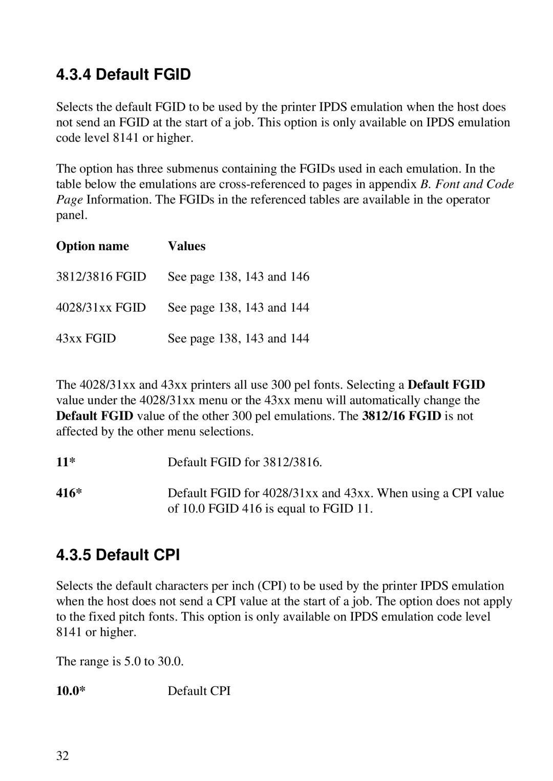 Lexmark K 1220, Se 3455 manual Default Fgid, Default CPI, 416 