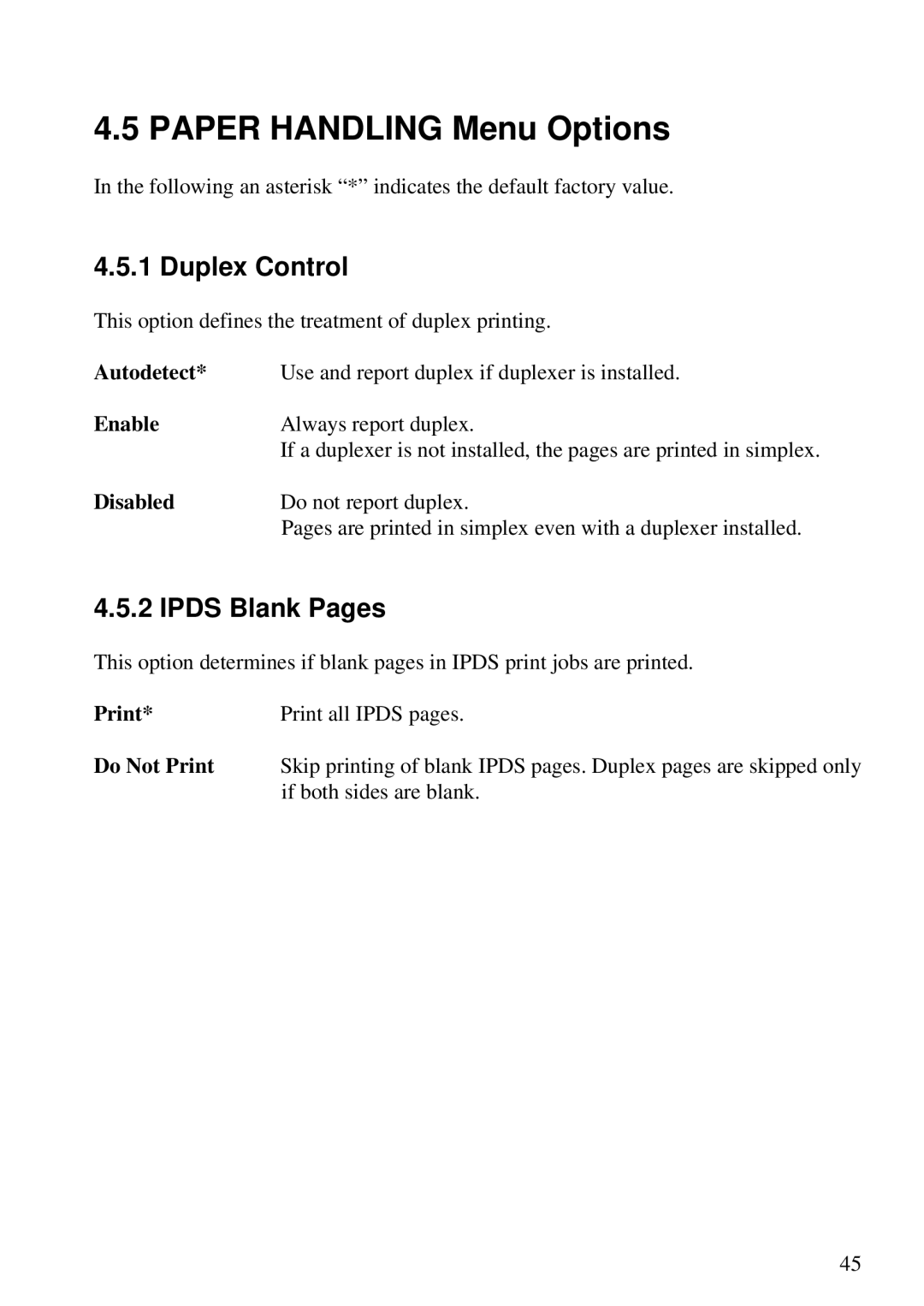 Lexmark Se 3455, K 1220 manual Paper Handling Menu Options, Duplex Control, Ipds Blank Pages 