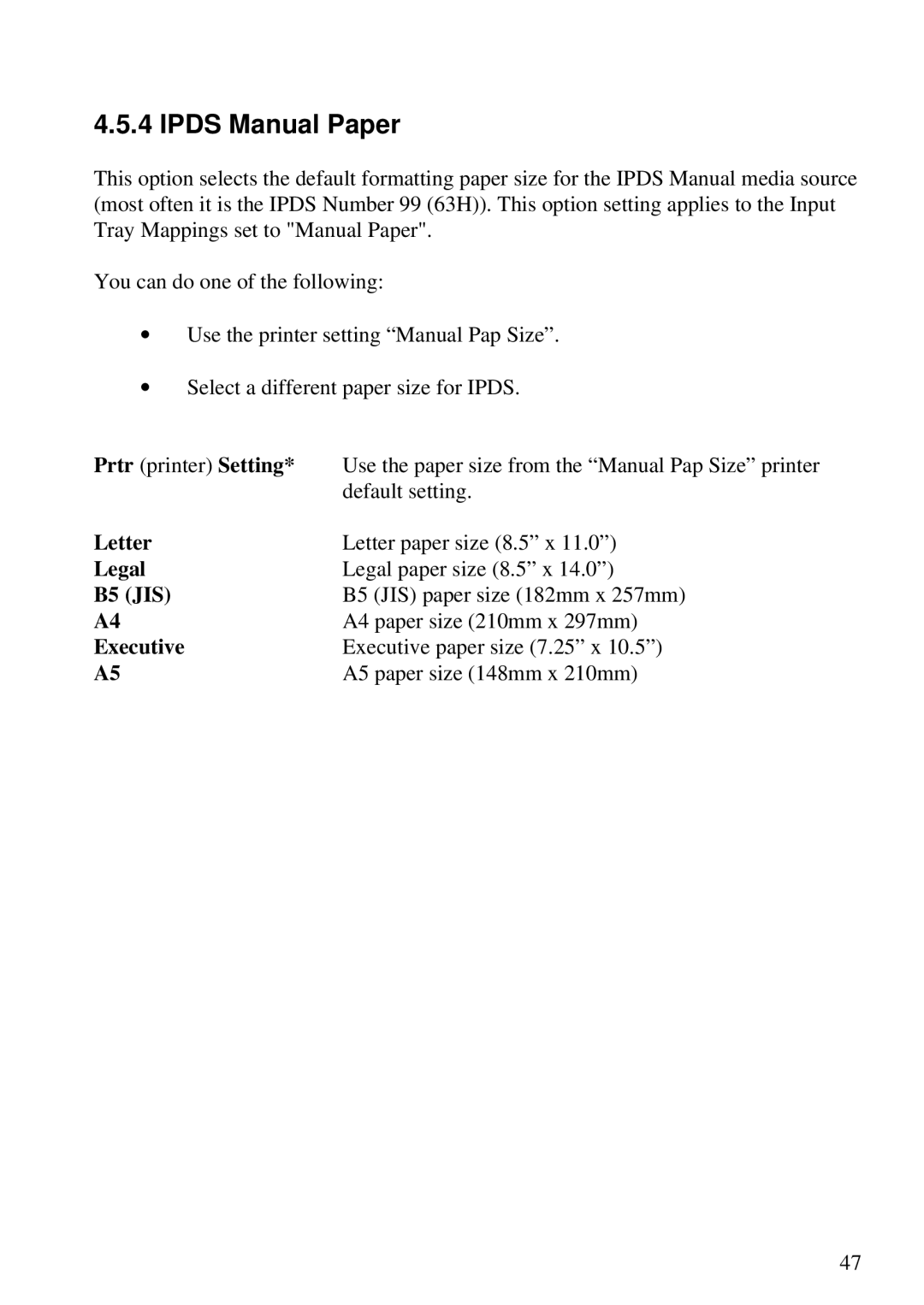 Lexmark Se 3455, K 1220 manual Ipds Manual Paper, Letter, Legal, B5 JIS, Executive 