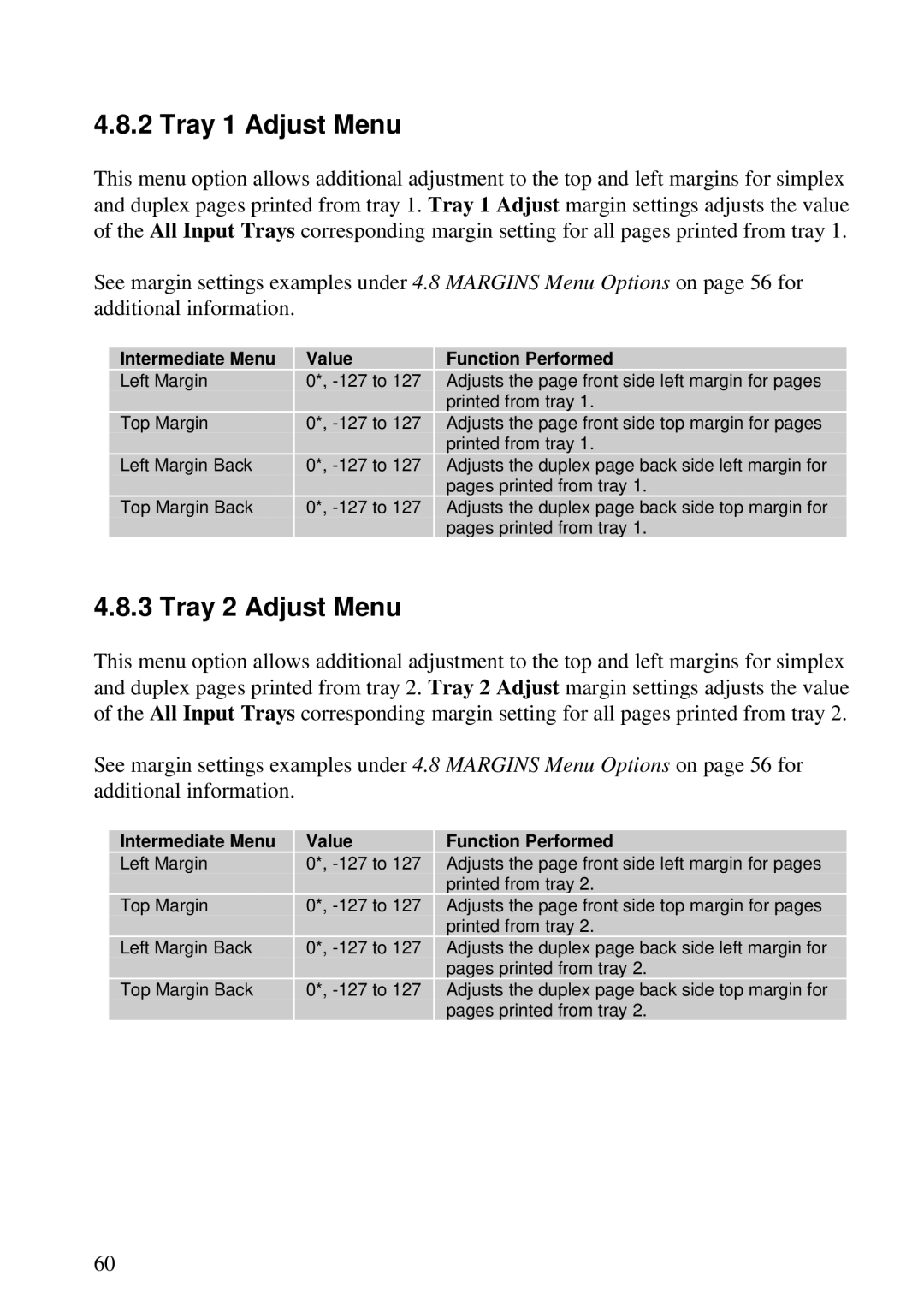 Lexmark K 1220, Se 3455 manual Tray 1 Adjust Menu, Tray 2 Adjust Menu 