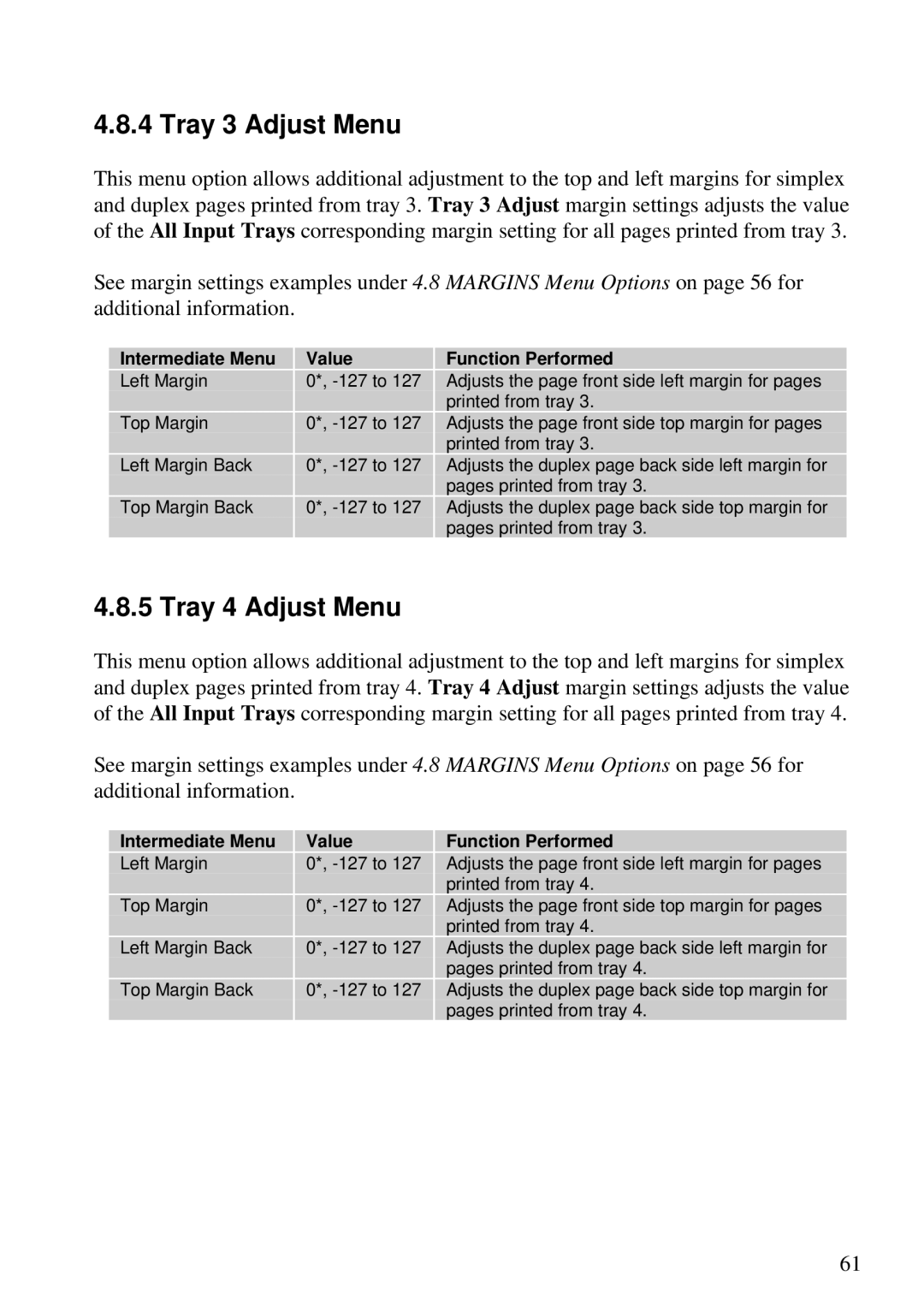 Lexmark Se 3455, K 1220 manual Tray 3 Adjust Menu, Tray 4 Adjust Menu 