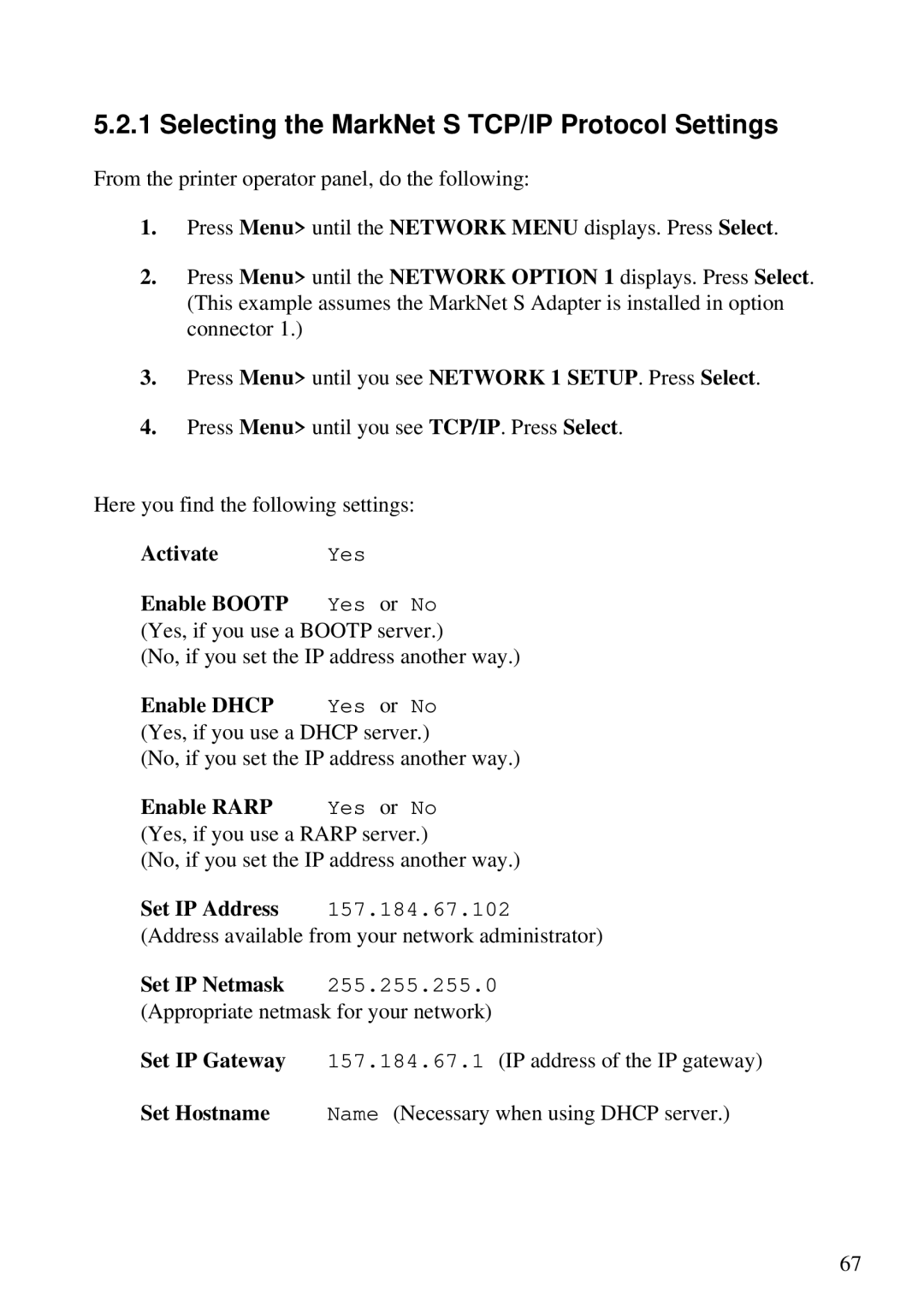 Lexmark Se 3455, K 1220 manual Selecting the MarkNet S TCP/IP Protocol Settings 