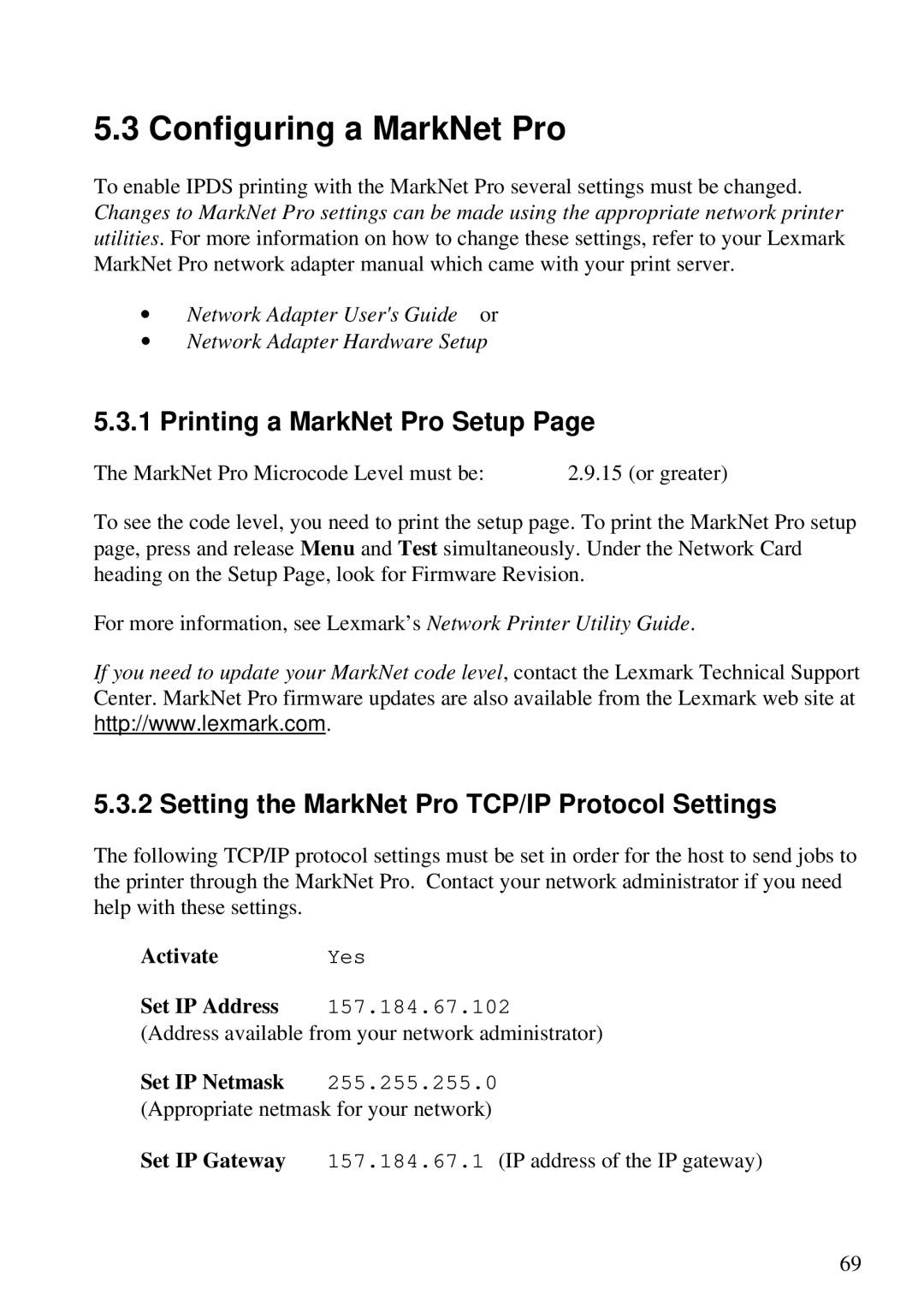 Lexmark Se 3455 Configuring a MarkNet Pro, Printing a MarkNet Pro Setup, Setting the MarkNet Pro TCP/IP Protocol Settings 