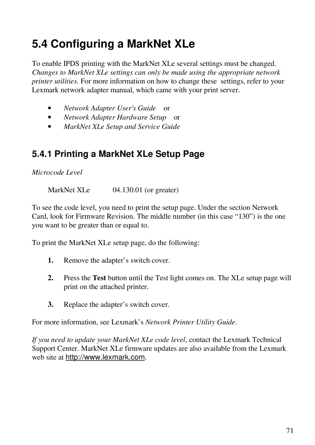 Lexmark Se 3455, K 1220 manual Configuring a MarkNet XLe, Printing a MarkNet XLe Setup 