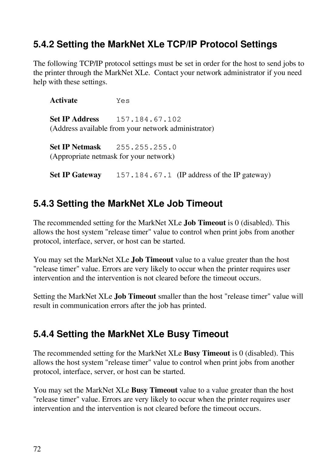 Lexmark K 1220, Se 3455 manual Setting the MarkNet XLe TCP/IP Protocol Settings, Setting the MarkNet XLe Job Timeout 