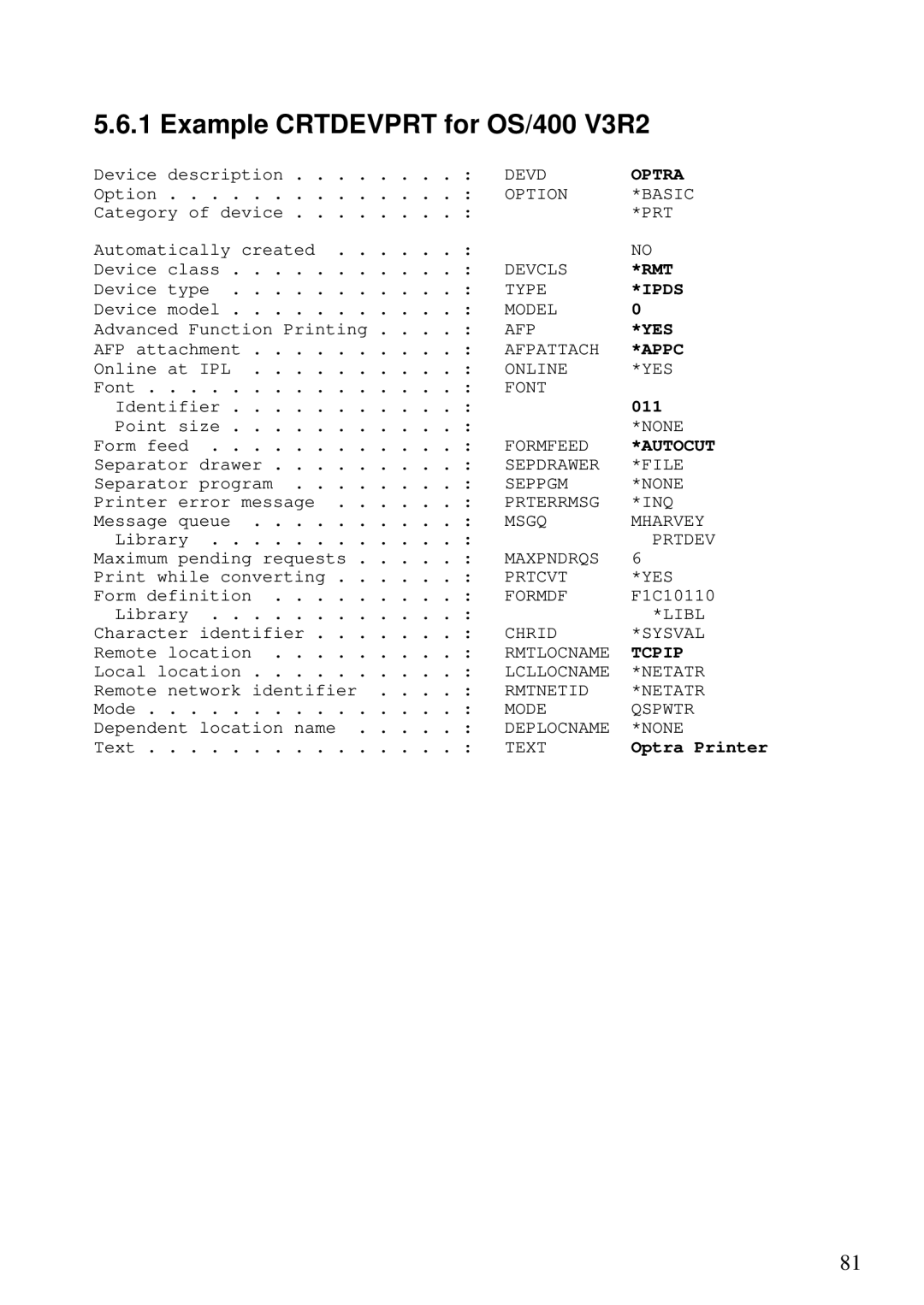 Lexmark Se 3455, K 1220 manual Example Crtdevprt for OS/400 V3R2, Autocut 