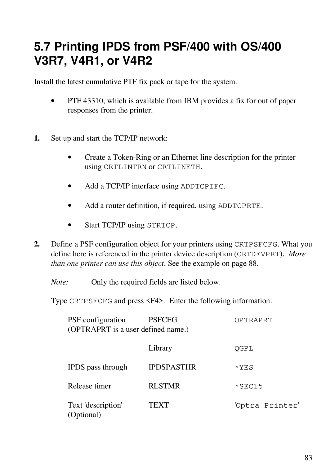 Lexmark Se 3455, K 1220 manual Printing Ipds from PSF/400 with OS/400 V3R7, V4R1, or V4R2, Text 