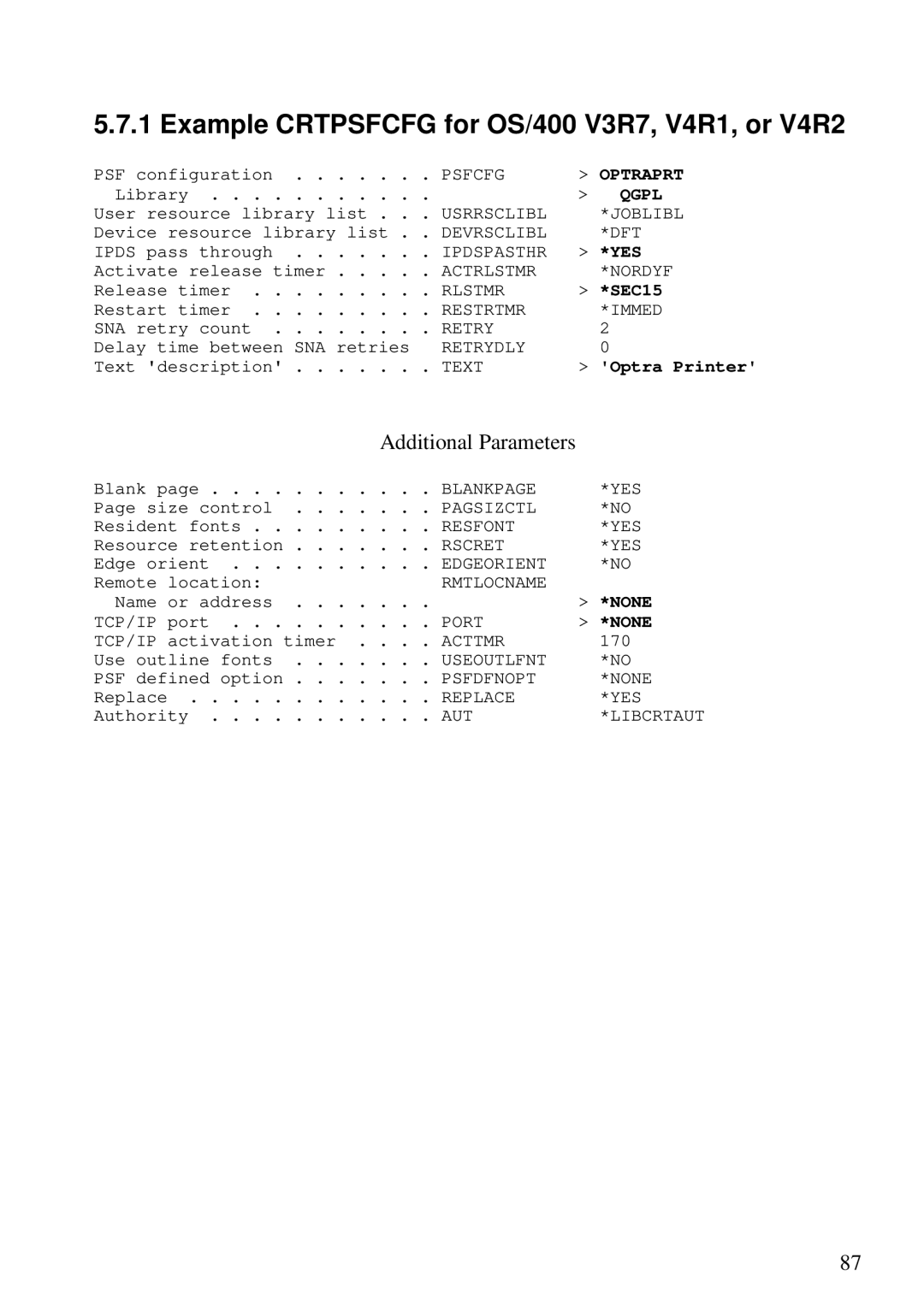 Lexmark Se 3455, K 1220 manual Example Crtpsfcfg for OS/400 V3R7, V4R1, or V4R2, Qgpl 