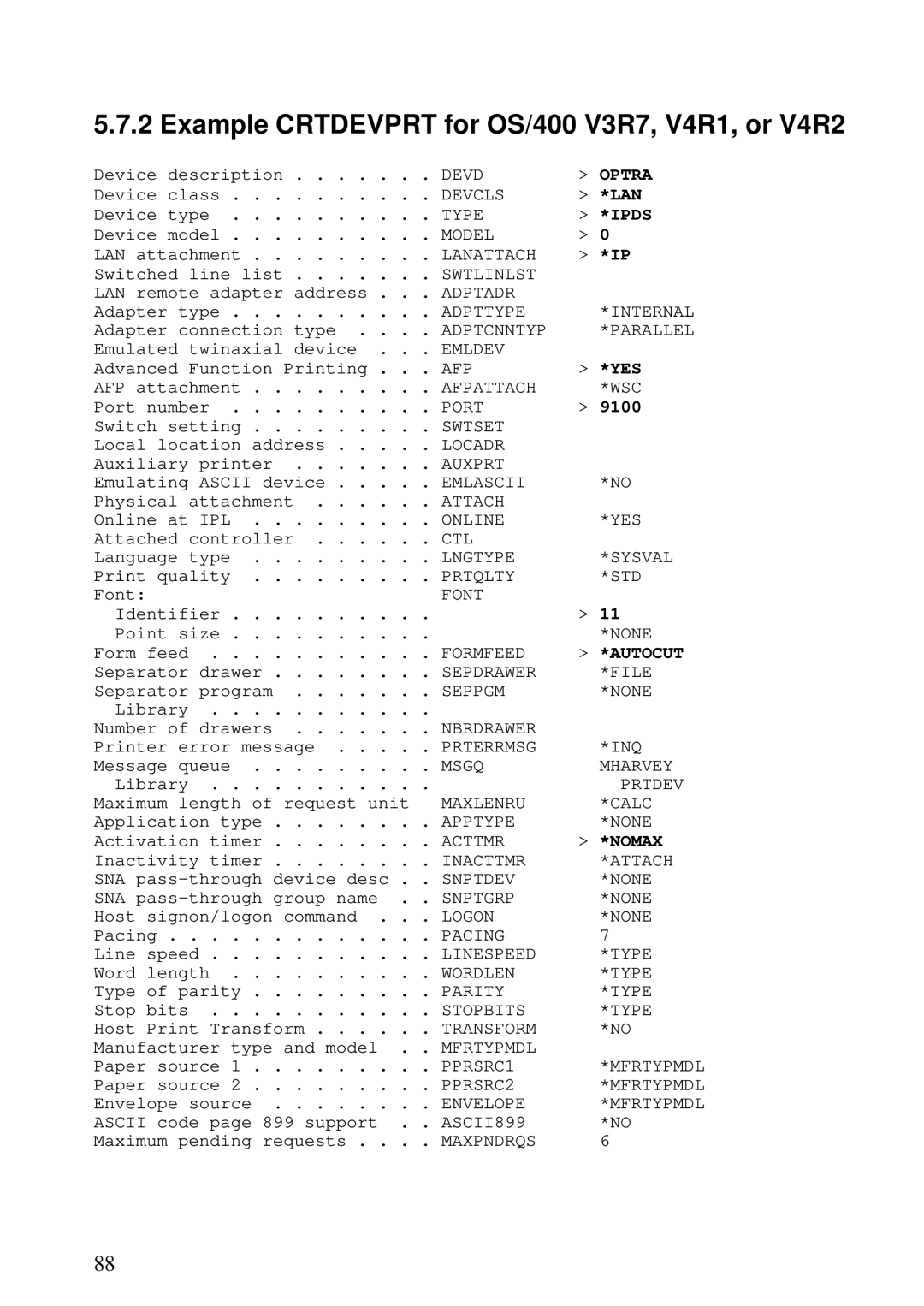 Lexmark K 1220, Se 3455 manual Example Crtdevprt for OS/400 V3R7, V4R1, or V4R2, 9100 