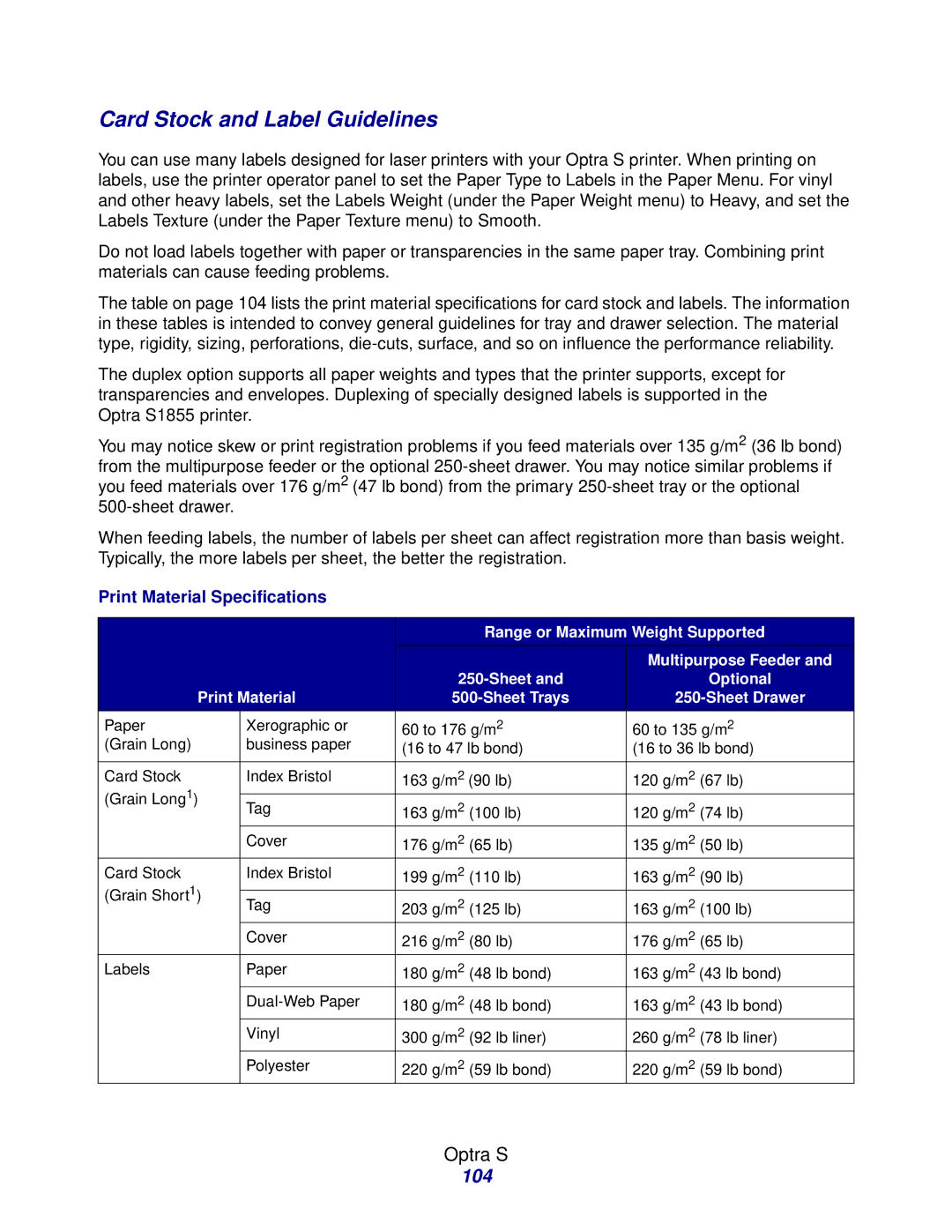 Lexmark Laser Printers manual Card Stock and Label Guidelines, 104, Sheet Optional Print Material Sheet Trays Sheet Drawer 