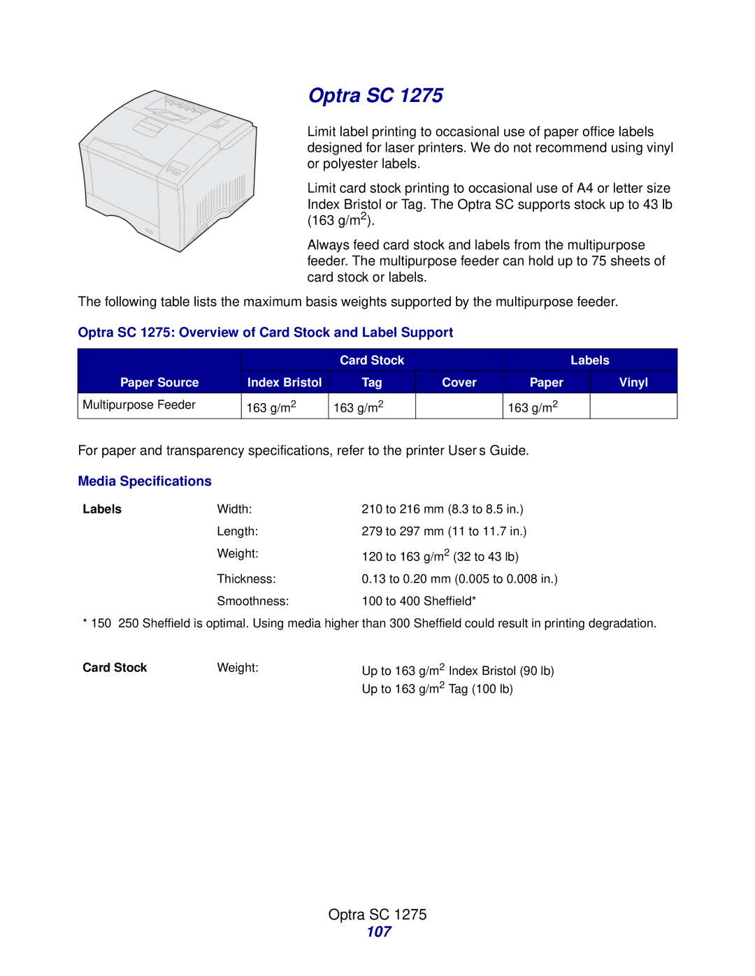 Lexmark Laser Printers manual 107, Optra SC 1275 Overview of Card Stock and Label Support 