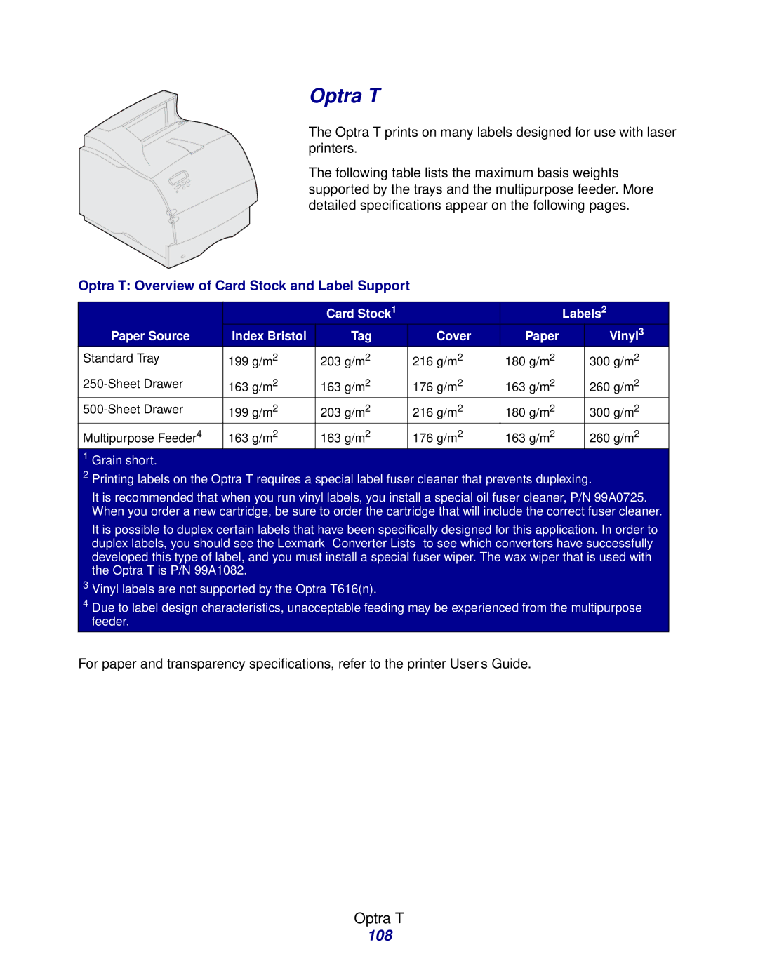 Lexmark Laser Printers manual 108, Optra T Overview of Card Stock and Label Support 