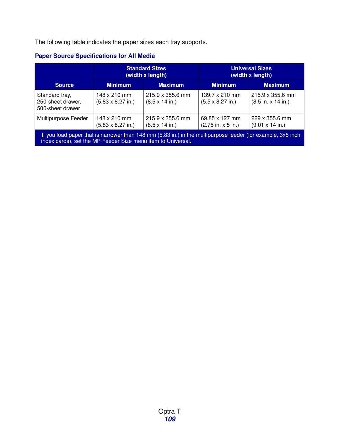 Lexmark Laser Printers manual 109, Paper Source Specifications for All Media 