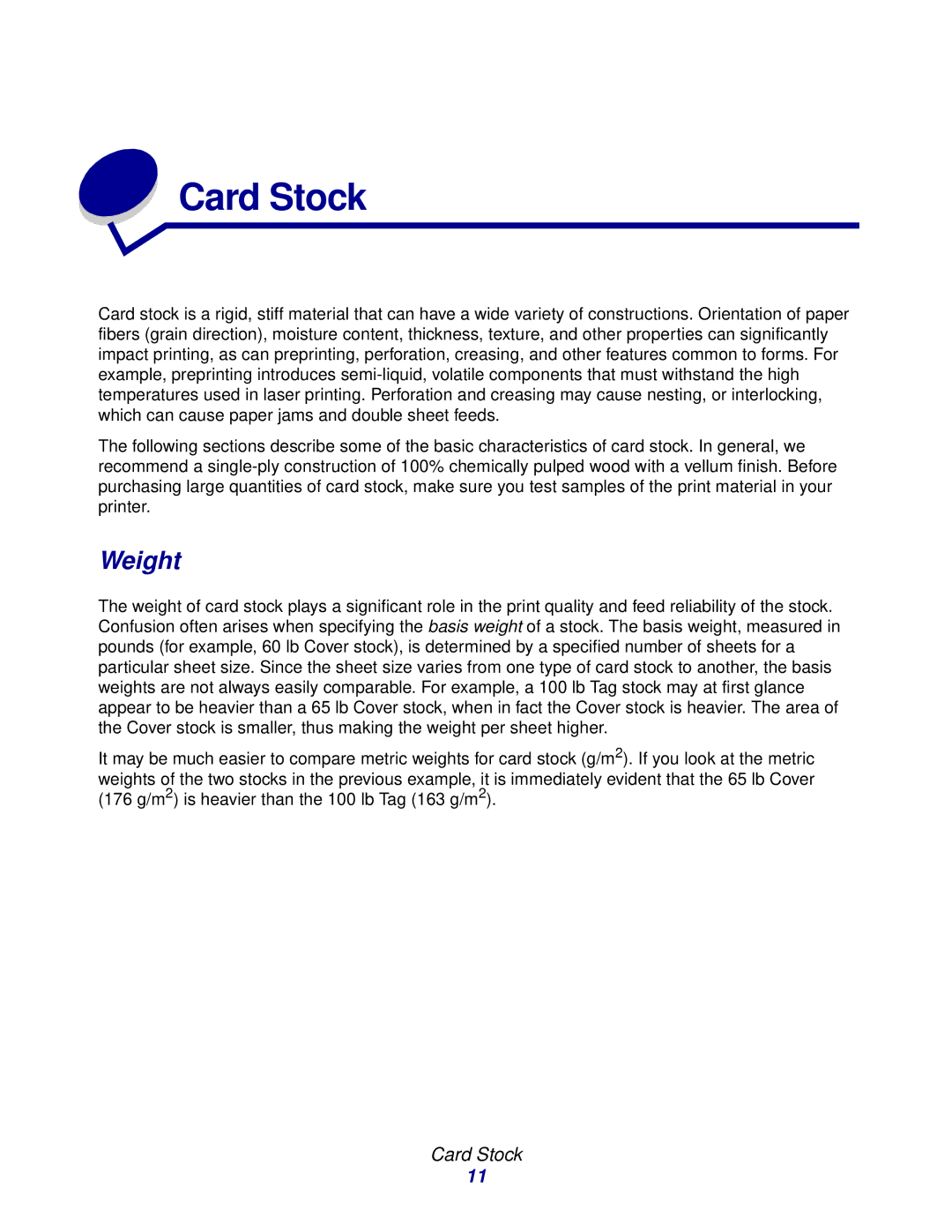 Lexmark Laser Printers manual Weight, Card Stock 