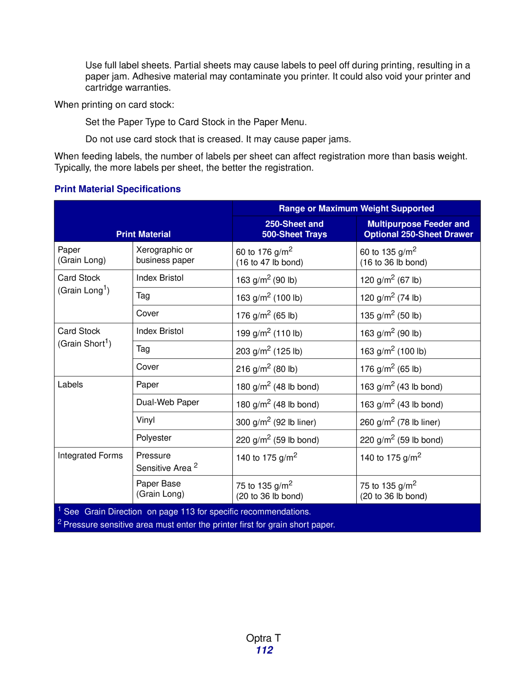 Lexmark Laser Printers manual 112, Print Material Specifications 