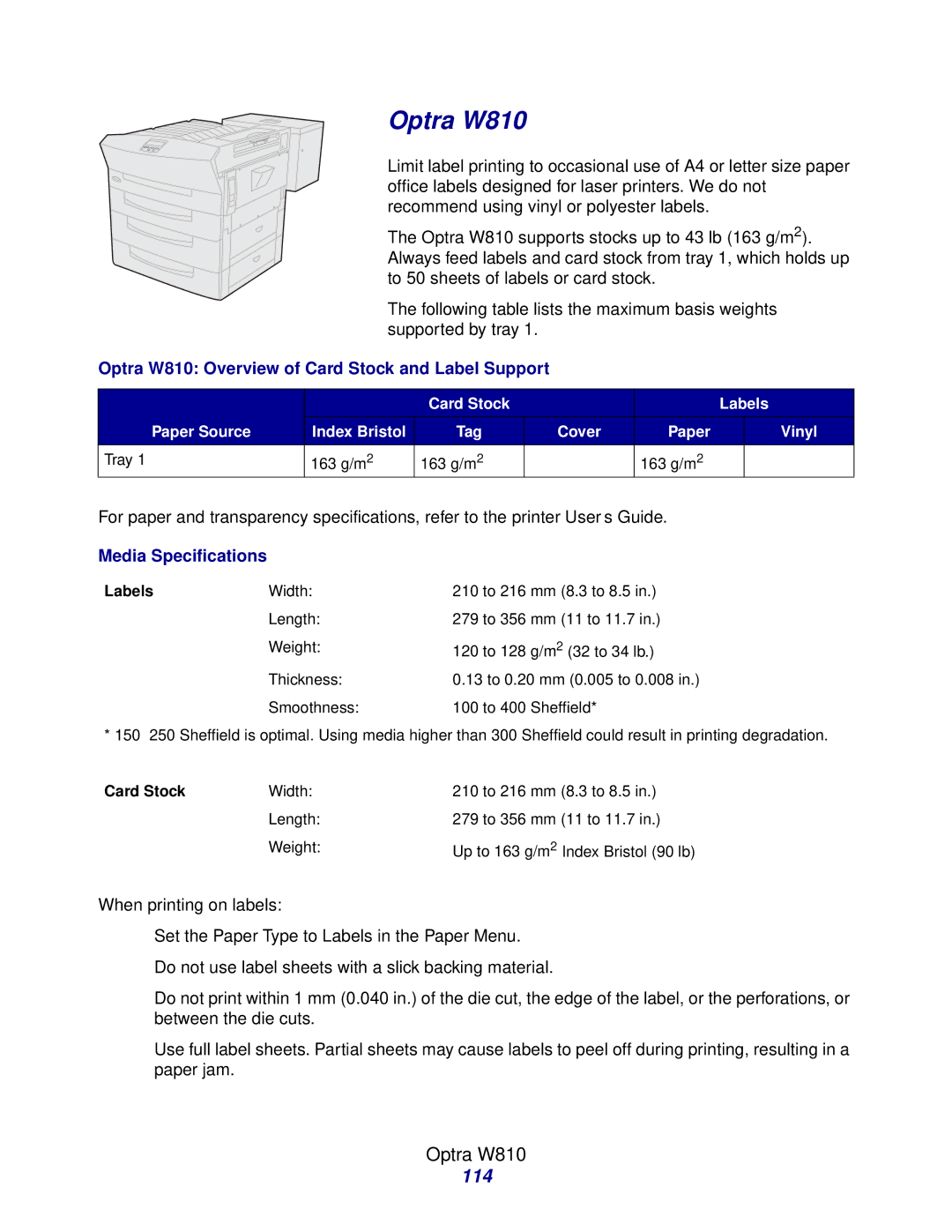 Lexmark Laser Printers manual 114, Optra W810 Overview of Card Stock and Label Support, Cover Paper Vinyl Tray 163 g/m2 