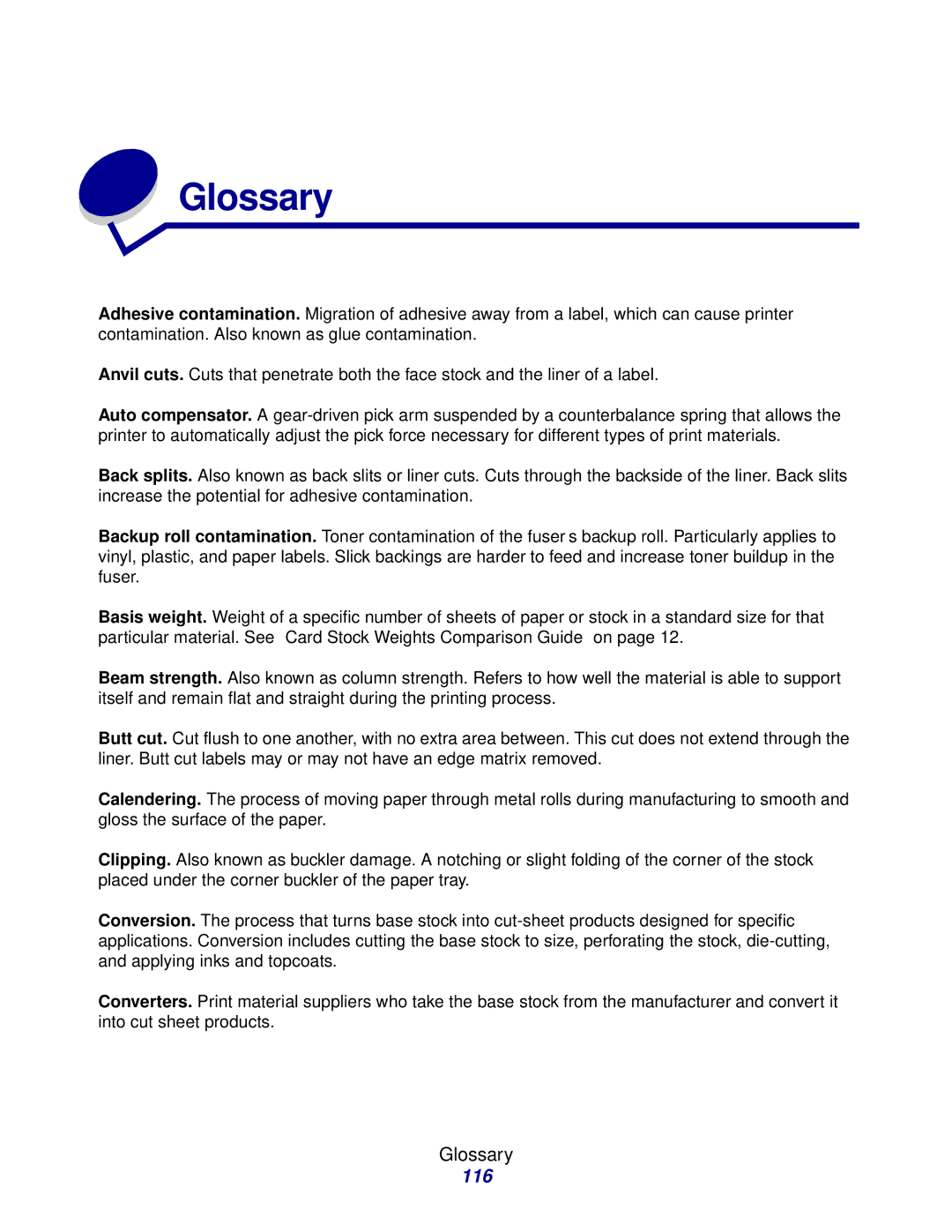 Lexmark Laser Printers manual Glossary, 116 