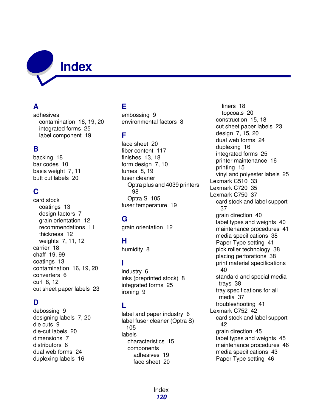 Lexmark Laser Printers manual Index, 120 