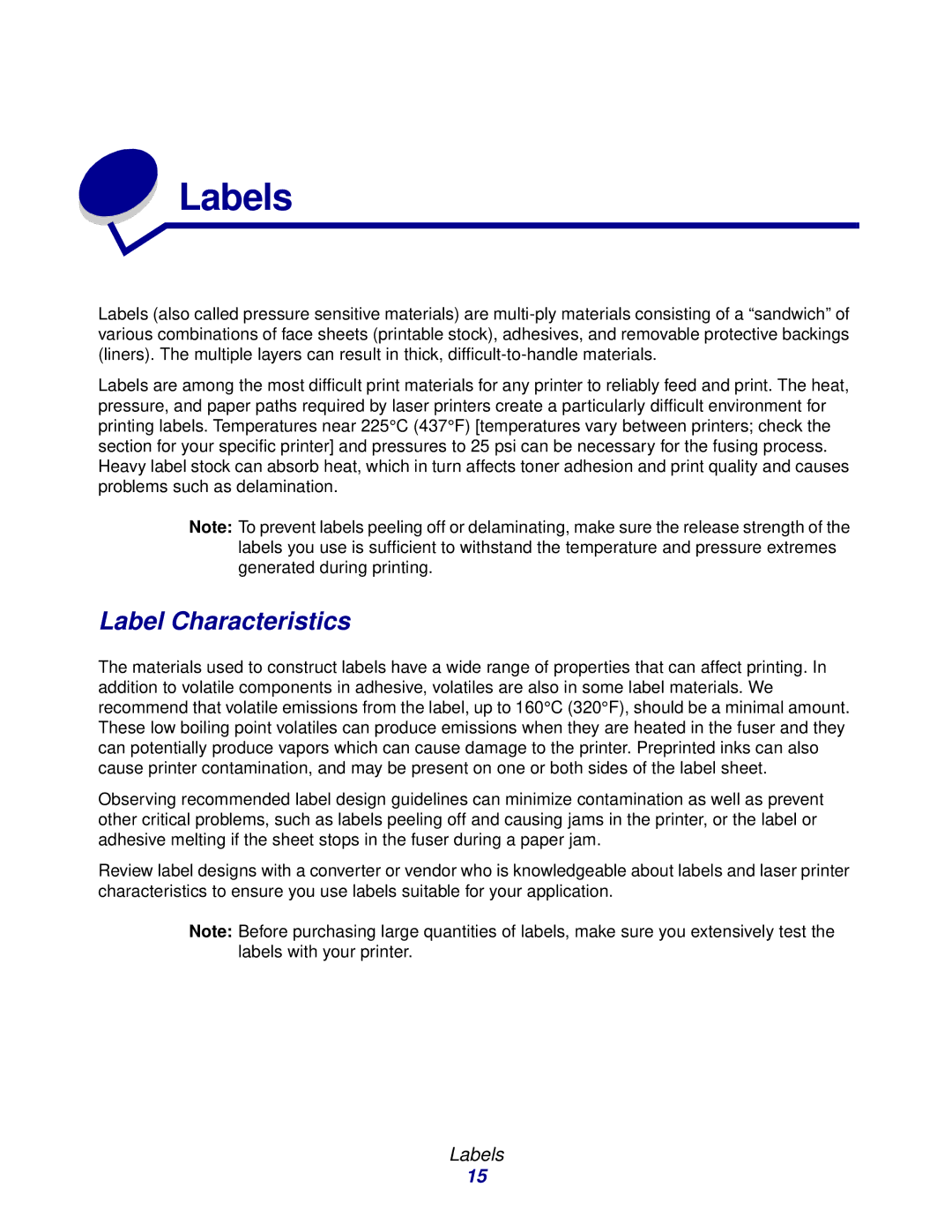 Lexmark Laser Printers manual Label Characteristics, Labels 