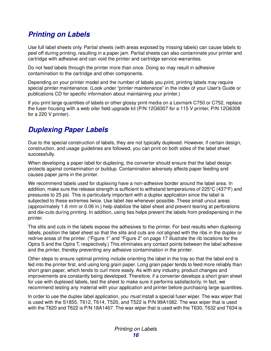 Lexmark Laser Printers manual Printing on Labels, Duplexing Paper Labels 