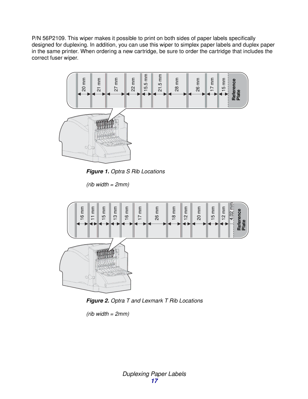 Lexmark Laser Printers manual Duplexing Paper Labels, Optra S Rib Locations Rib width = 2mm 