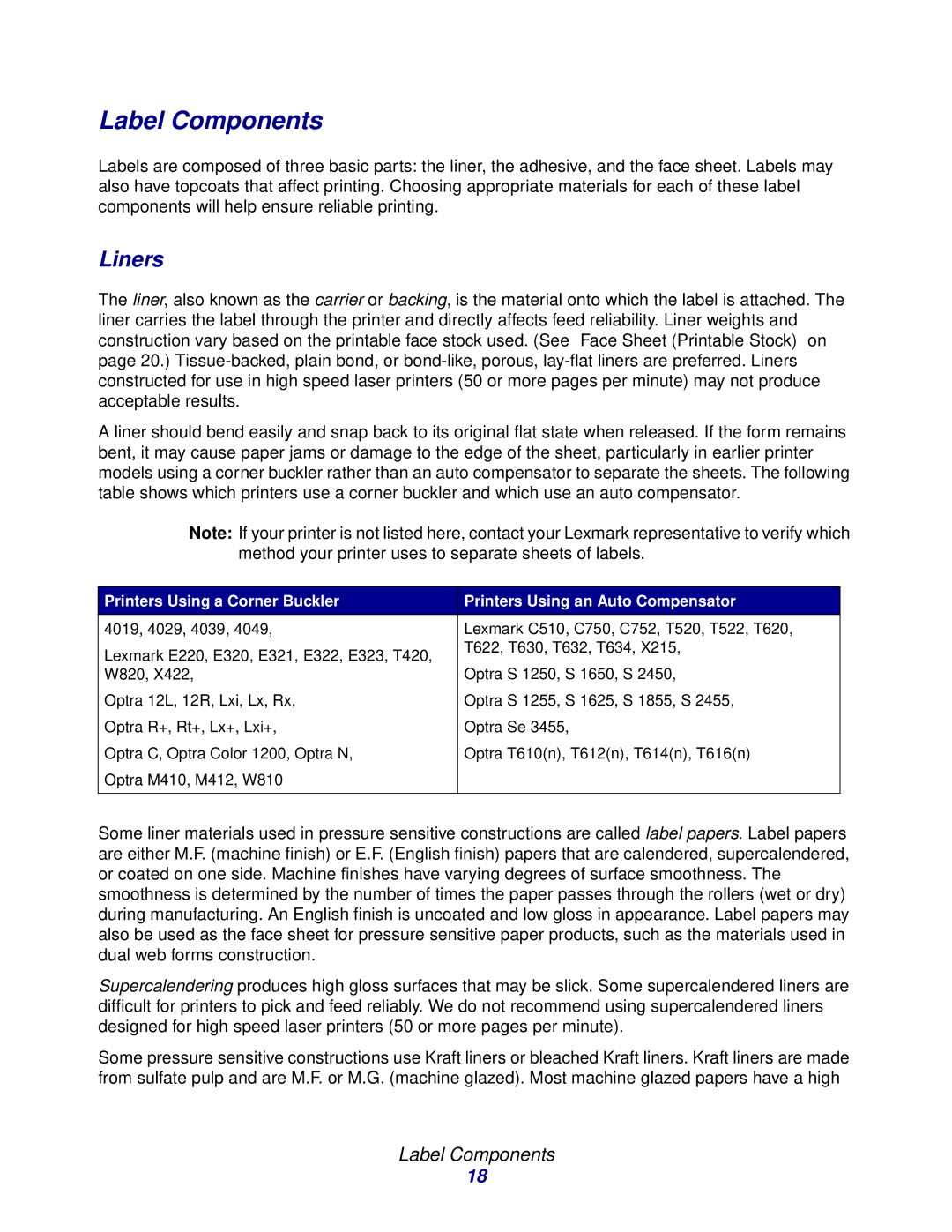 Lexmark Laser Printers manual Label Components, Liners 