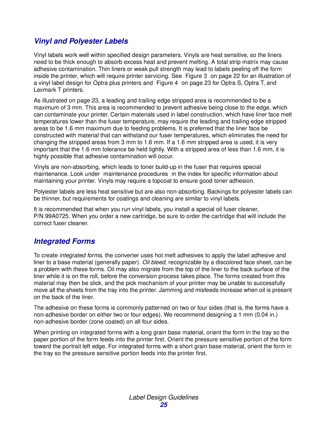 Lexmark Laser Printers manual Vinyl and Polyester Labels, Integrated Forms 