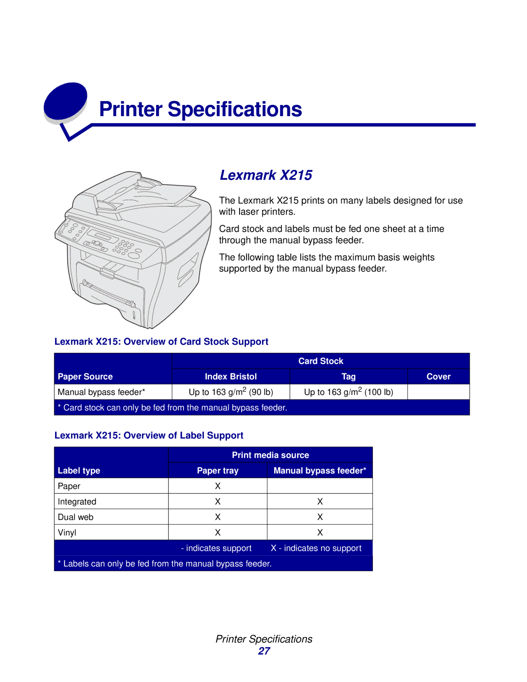 Lexmark Laser Printers manual Printer Specifications, Lexmark X215 Overview of Card Stock Support 