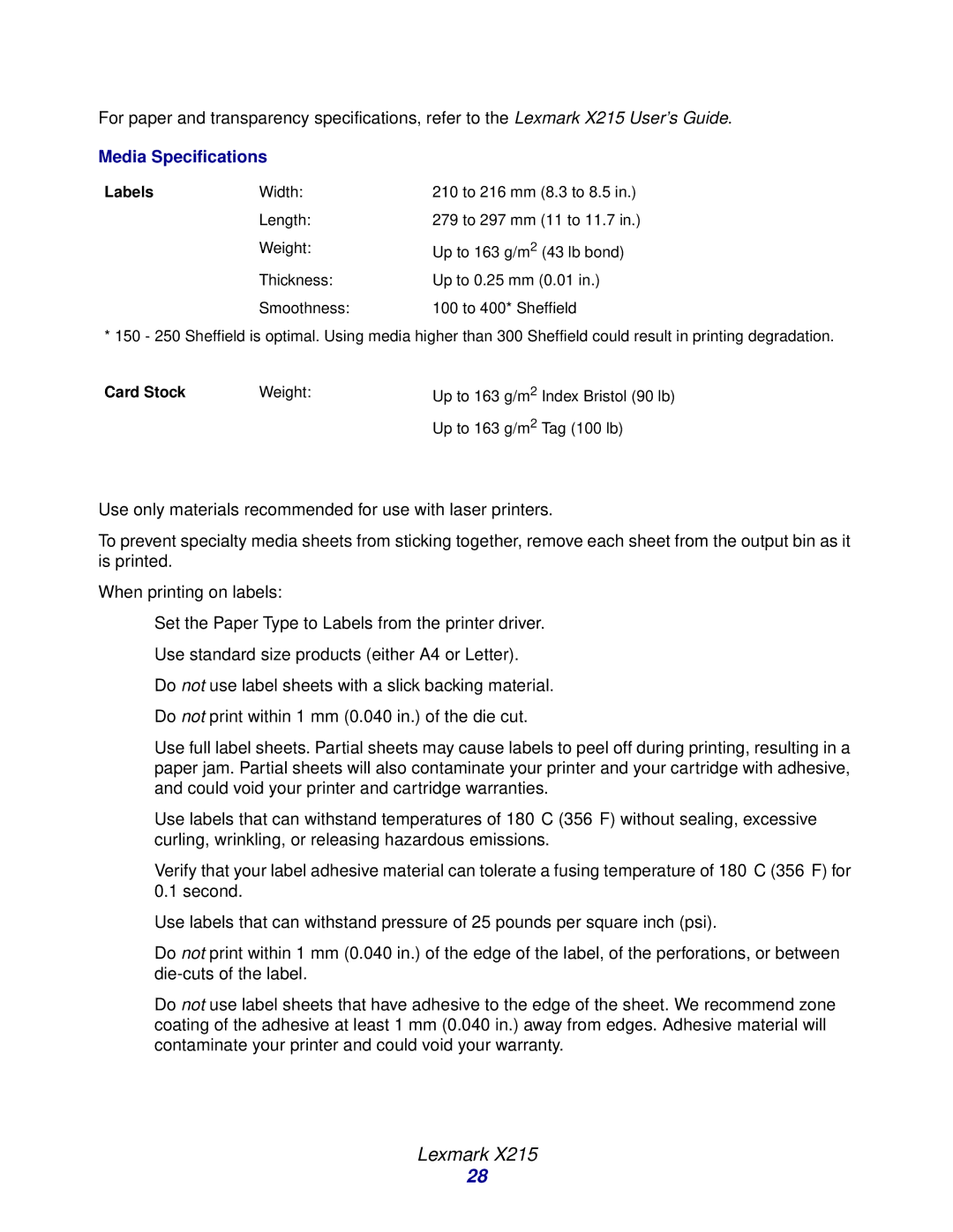 Lexmark Laser Printers manual Lexmark, Media Specifications 