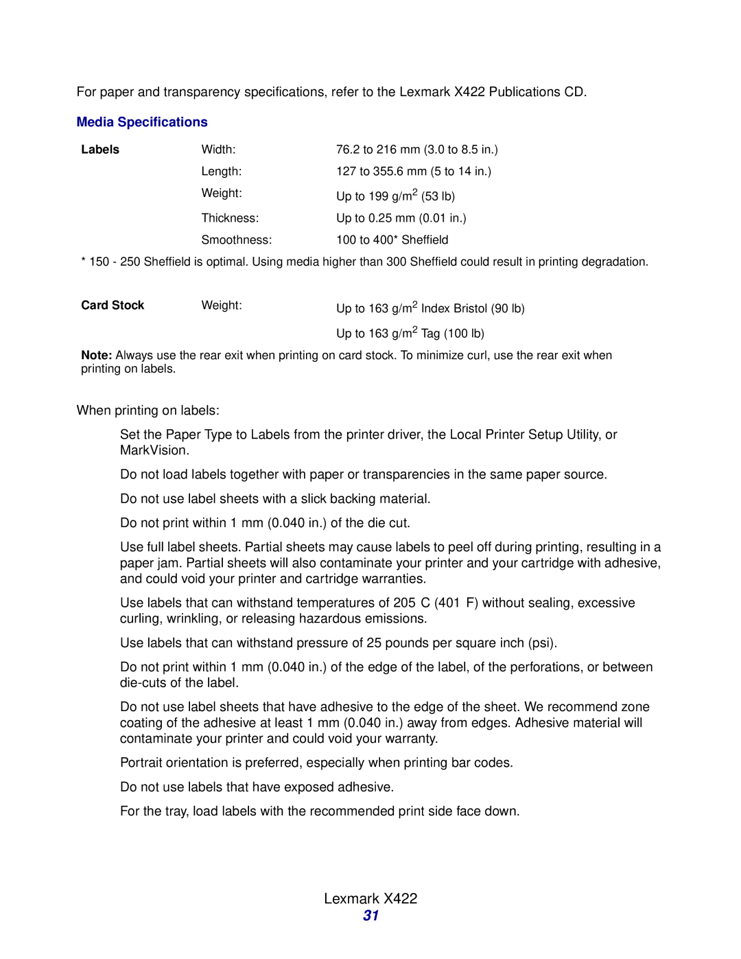 Lexmark Laser Printers manual Media Specifications 