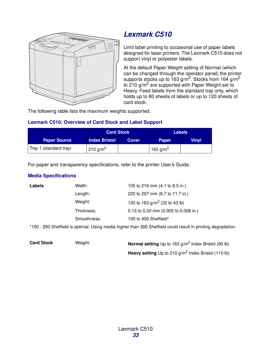 Lexmark Laser Printers manual Lexmark C510 Overview of Card Stock and Label Support 