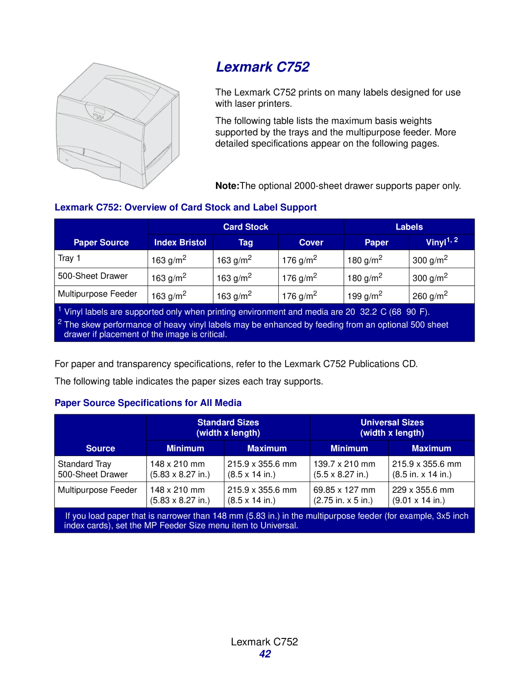 Lexmark Laser Printers manual Lexmark C752 Overview of Card Stock and Label Support 