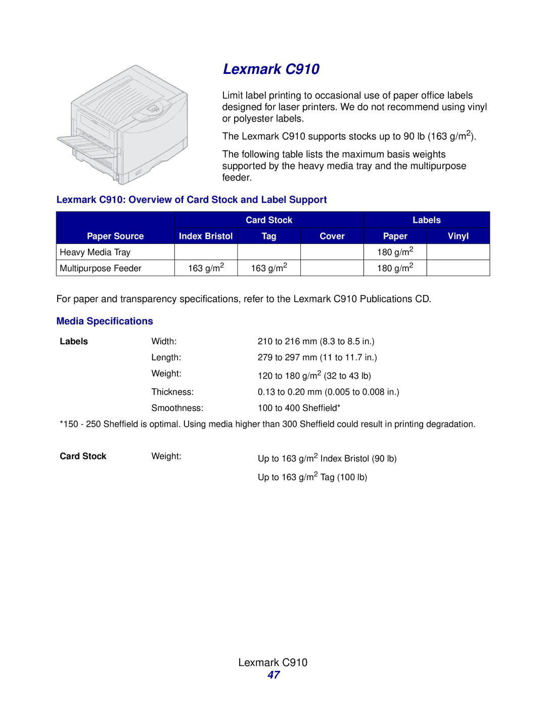 Lexmark Laser Printers manual Lexmark C910 Overview of Card Stock and Label Support 