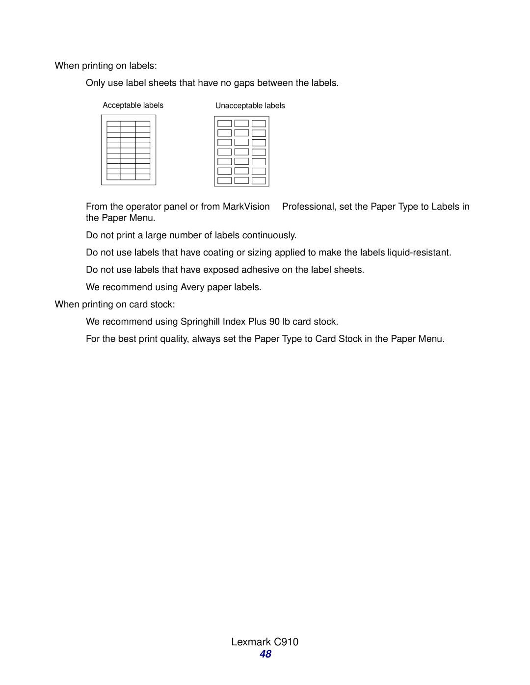 Lexmark Laser Printers manual Acceptable labels 