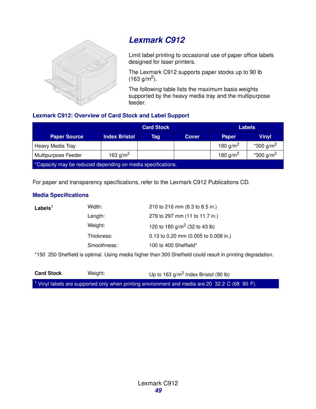 Lexmark Laser Printers manual Lexmark C912 Overview of Card Stock and Label Support 