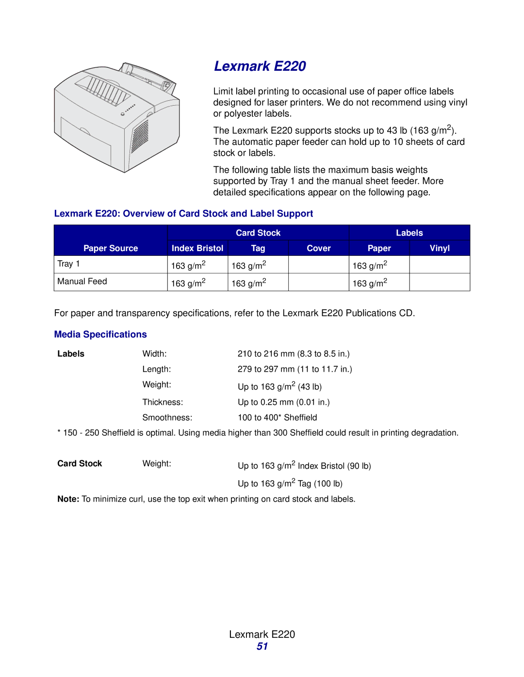 Lexmark Laser Printers manual Lexmark E220 Overview of Card Stock and Label Support, Cover Paper Vinyl 